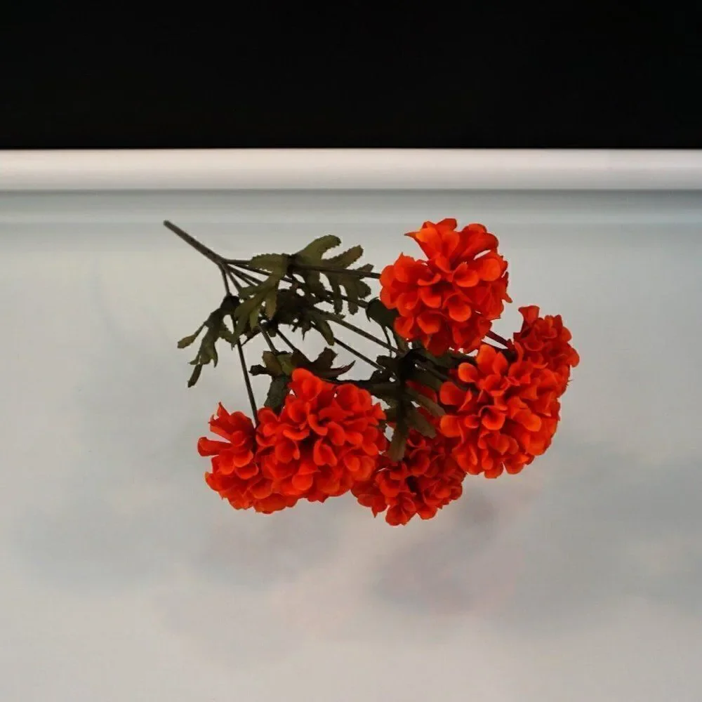 Red Marigold Floral Bush Poly Silk Artificial 13 In